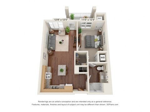 Floor plan for 1 bed, 1 bath, 723 sqft